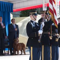 Defense Secretary Ash Carter and former Defense Secretary Leon Panetta stand for the National Anthem