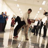 Two swing dancers finish up a routine for WHS employees