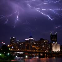 A flash of lightning over Pittsburgh The Point area