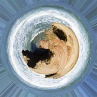 A rocky shore at Cabrillo National Monument in San Diego, CA made into a tiny planet