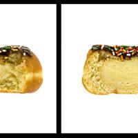 4-sided pictures taken of a boston cream filled donut